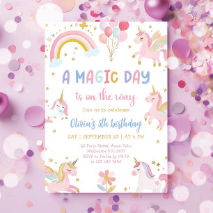 Invitation Fête d'anniversaire arc-en-ciel licorne pastel mag