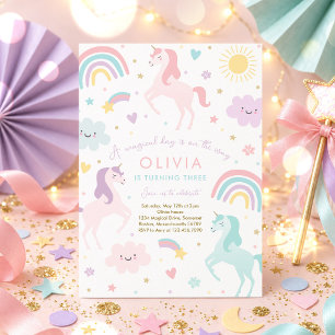 Invitation Fête d'anniversaire arc-en-ciel licorne pastel mag