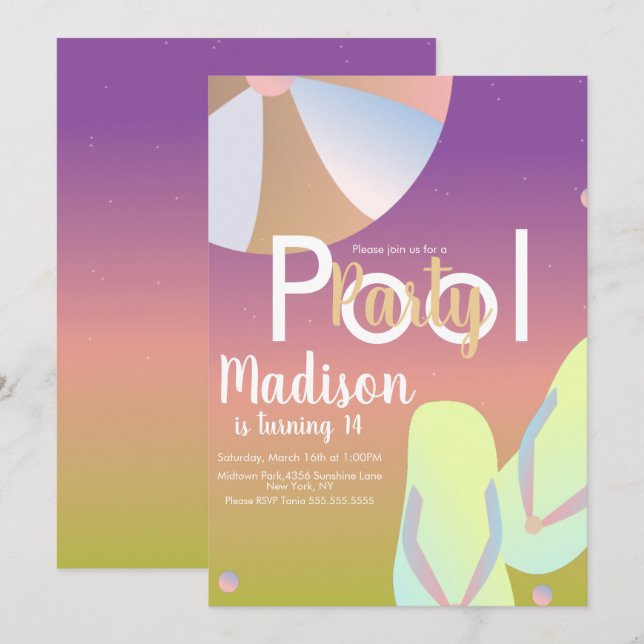 Invitation Fête d'anniversaire Arc-en-ciel ombré Piscine (Devant / Derrière)