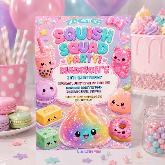 Invitation Fête d'anniversaire arc-en-ciel pailleté Squishy (Glitter Rainbow Squishy Birthday Party Invitation)
