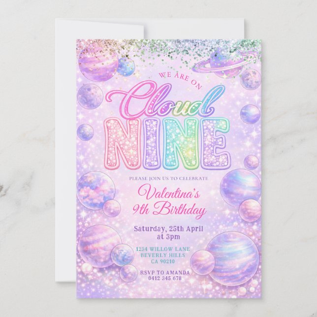Invitation Fête d'anniversaire Arc-en-ciel Pastel Pailleté da (Devant)