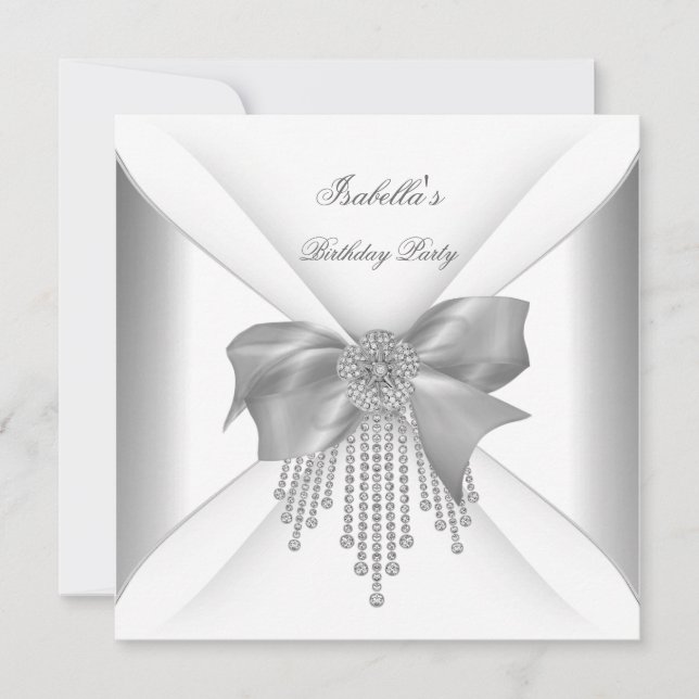 Invitation Fête d'anniversaire Arc Ruban Diamant Blanc Argent (Devant)