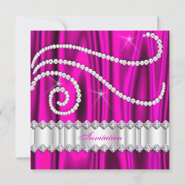 Invitation Fête d'anniversaire argent diamants blancs rose vi (Devant)