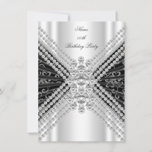 Invitation Fête d'anniversaire Argent Noir Blanc Diamant (Devant)