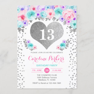 Invitation Fête d'anniversaire - Argent Turquoise violet rose