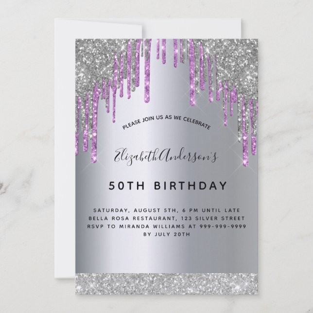 Invitation Fête d'anniversaire argent violet parties scintill (Devant)