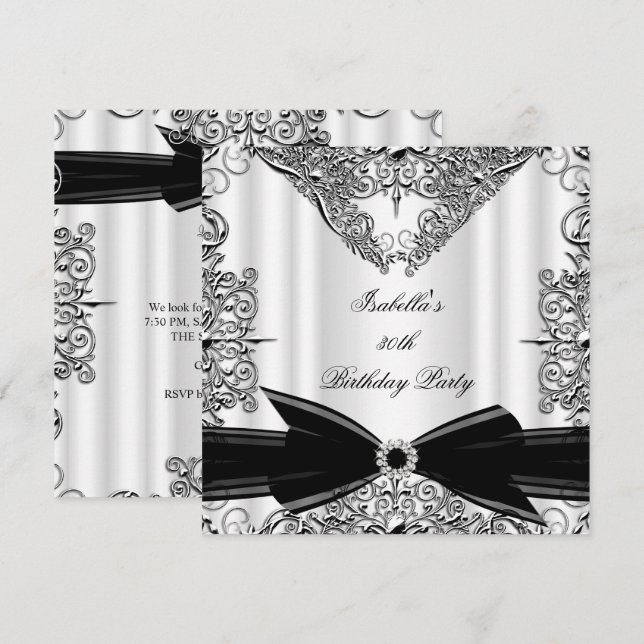 Invitation Fête d'anniversaire argentée à l'arc noir diamanté (Devant / Derrière)