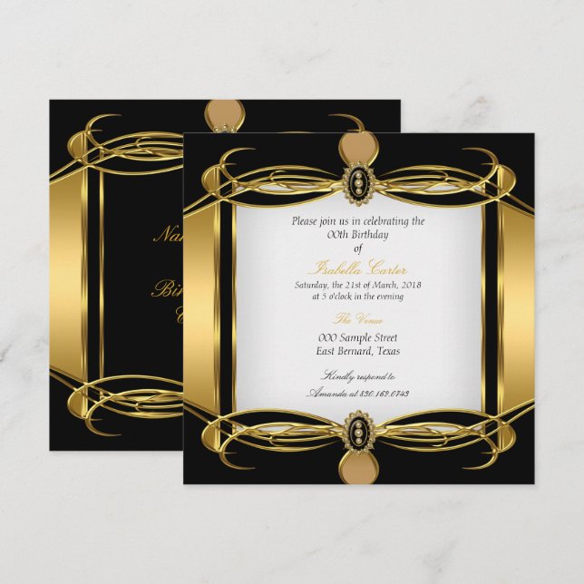 Invitation Fête d'anniversaire Art Déco doré perle noire et b (Devant / Derrière)