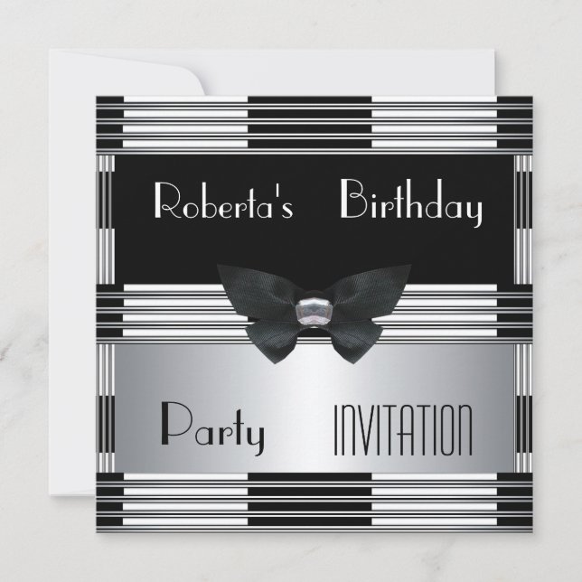Invitation Fête d'anniversaire Art Déco Noir Argen (Devant)