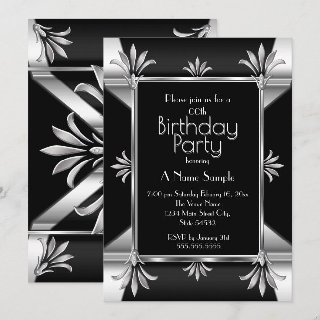 Invitation Fête d'anniversaire Art Déco Noir Argent Chrome (Devant / Derrière)