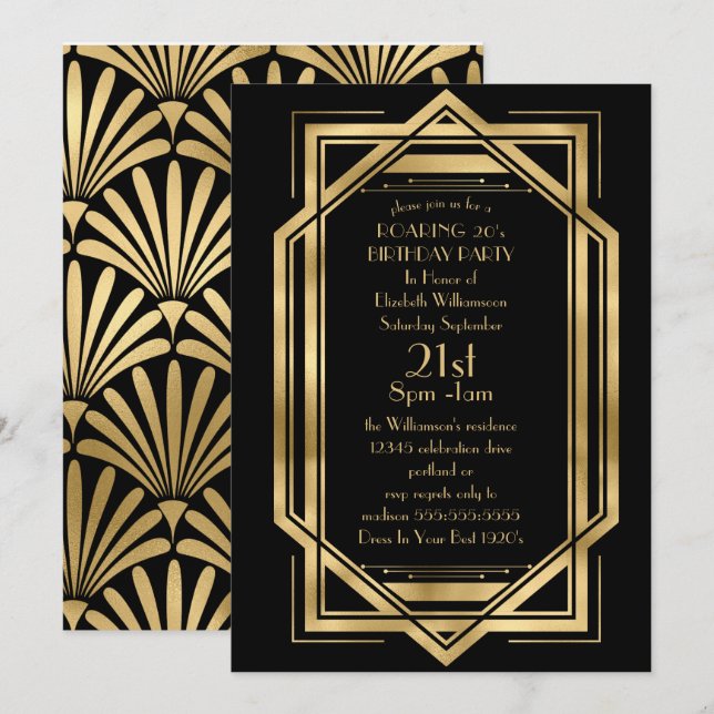Invitation Fête d'anniversaire Art déco noir et or déchaînée (Devant / Derrière)