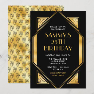 Invitation Fête d'anniversaire Art Déco or et noir