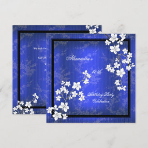 Invitation Fête d'anniversaire asiatique bleu fleur noire bla