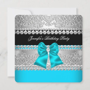 Invitation Fête d'anniversaire au bleu cyan avec dentelle de