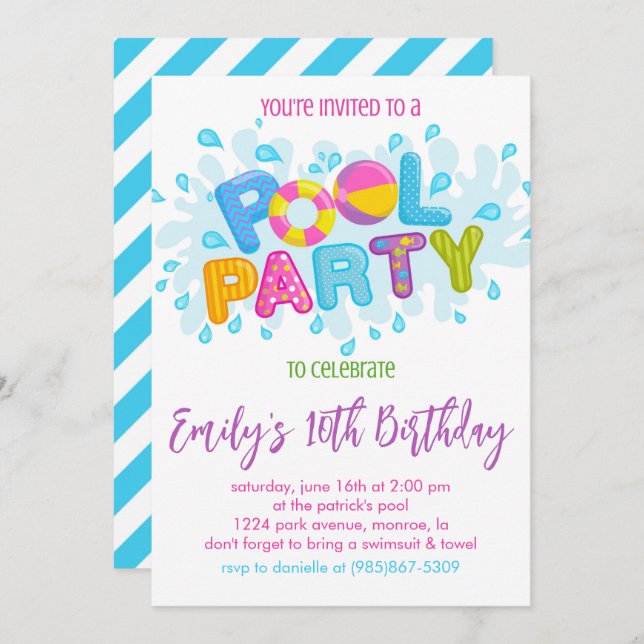 Invitation Fête d'anniversaire au bord de la piscine (Devant / Derrière)