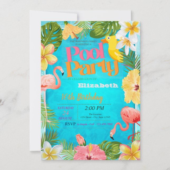 Invitation Fête d'anniversaire au bord de la piscine aux fleu (Devant)