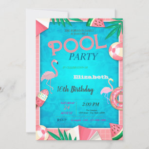 Invitation Fête d'anniversaire au bord de la piscine avec gla