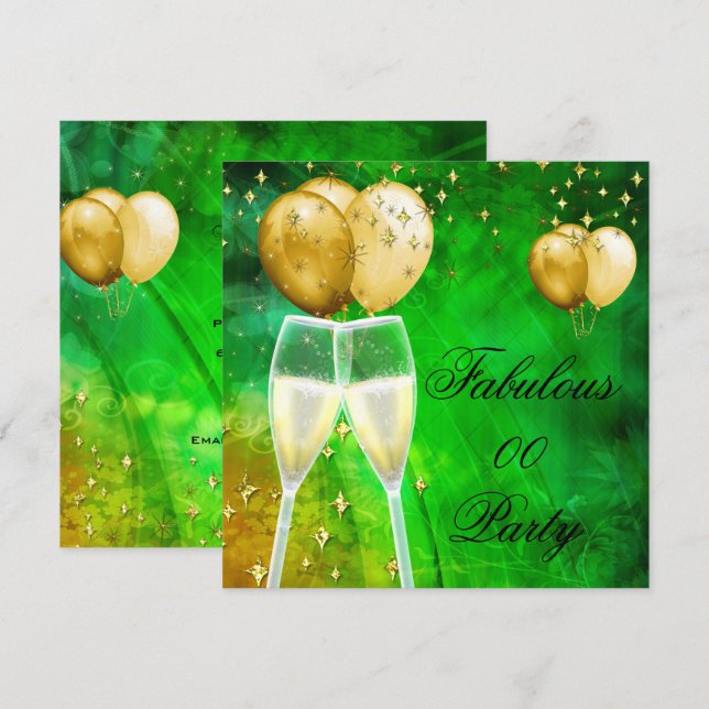 Invitation Fête d'anniversaire au Champagne fabuleuse Vert Or (Devant / Derrière)