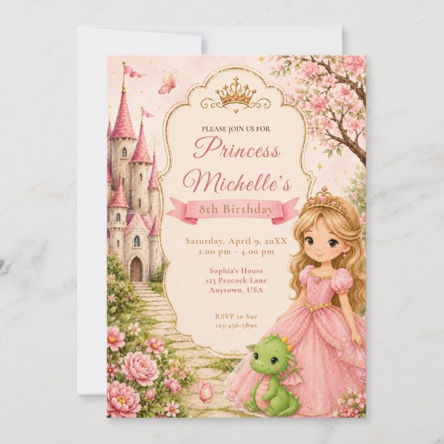 Invitation Fête d'anniversaire au château de la princesse dra (Devant)
