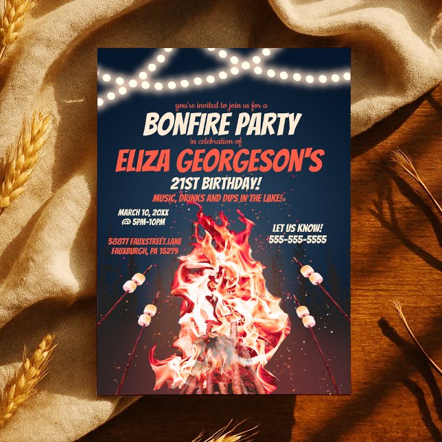 Invitation Fête d'anniversaire au feu de joie Rustique feu et (Bonfire Birthday Party Rustic Fire and Marshmallow Invitation)