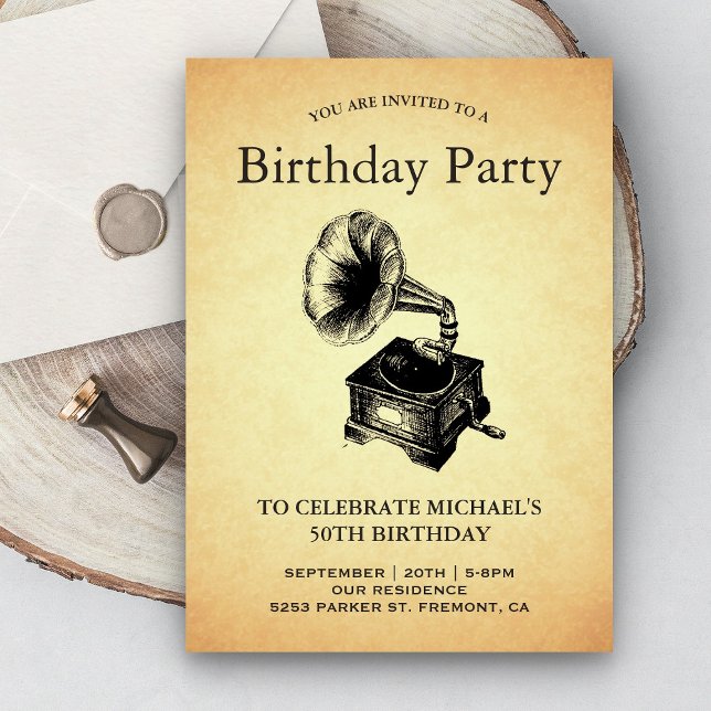 Invitation Fête d'anniversaire au gramophone vintage (Créateur téléchargé)