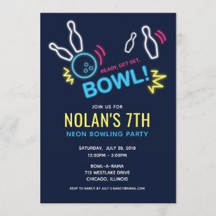 Invitation Fête d'anniversaire au néon de bowling