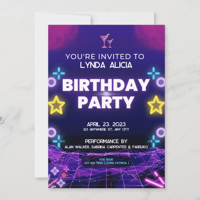 Invitation Fête d'anniversaire au néon violet (Devant)
