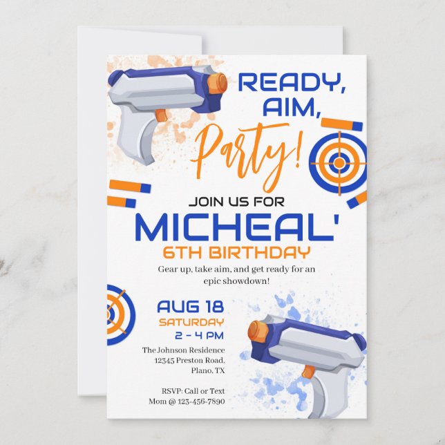 Invitation Fête d'anniversaire au pistolet à fléchettes (Devant)