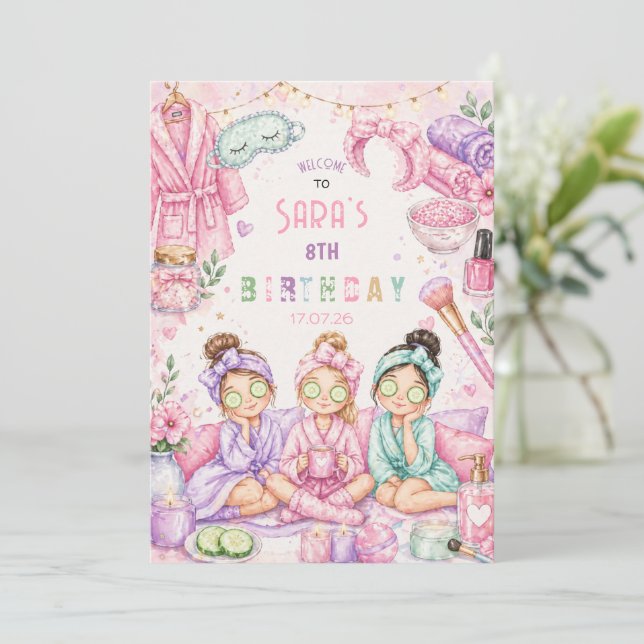 Invitation Fête d'anniversaire au Spa pour filles Pyjama Part (Debout devant)