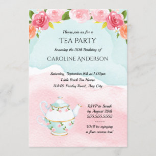 Invitation Fête d'anniversaire au thé aquarelle