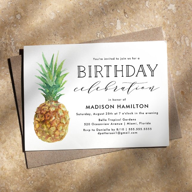 Invitation Fête d'anniversaire au thème de l'ananas à l'aquar (Créateur téléchargé)