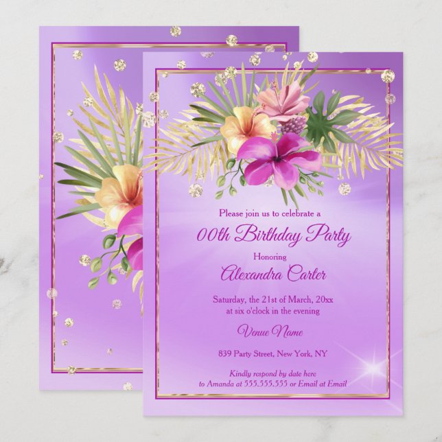 Invitation Fête d'anniversaire au thème de l'hibiscus doré po (Devant / Derrière)