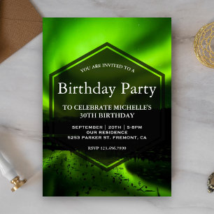 Invitation Fête d'anniversaire Aurore boréale verte
