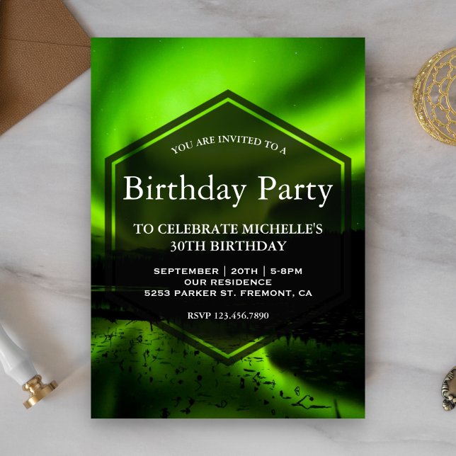Invitation Fête d'anniversaire Aurore boréale verte (Créateur téléchargé)