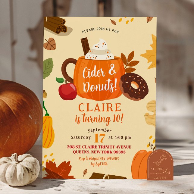 Invitation Fête d'anniversaire automnale cidre et donuts (Créateur téléchargé)