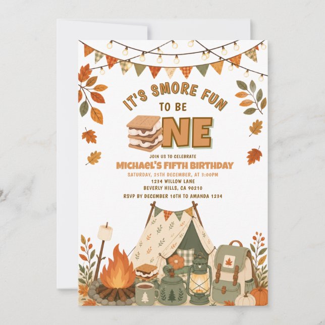 Invitation Fête d'anniversaire autour d'un feu de camp automn (Devant)