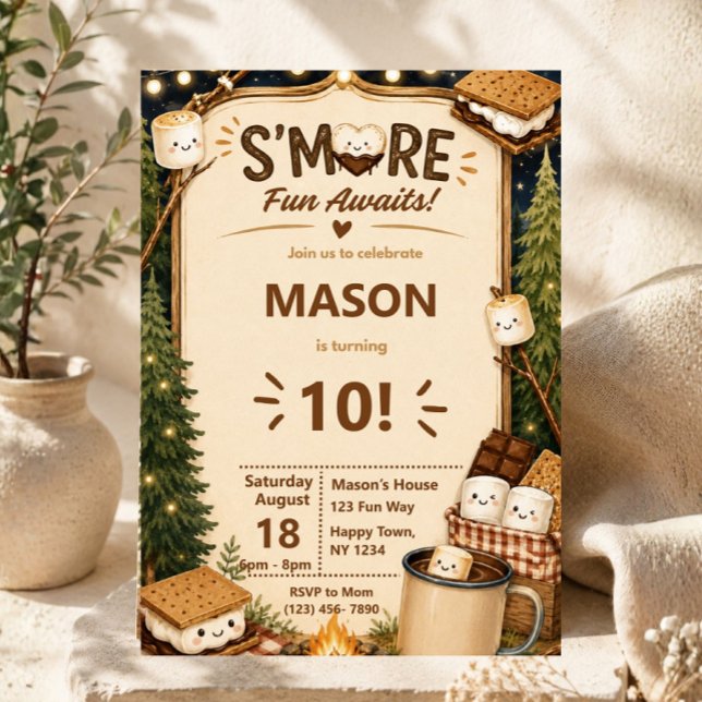 Invitation Fête d'anniversaire autour d'un feu de camp rustiq (smores birthday invitation, camping birthday invitation, campfire birthday party, woodland birthday )
