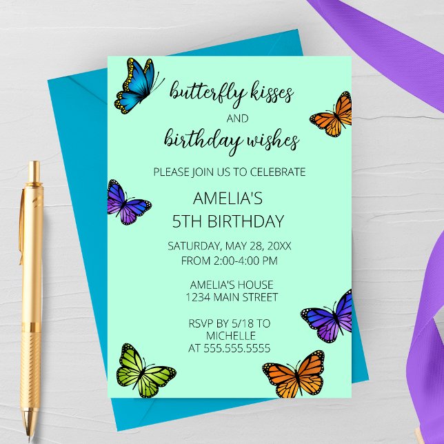 Invitation Fête d'anniversaire aux baisers de papillon pastel (Colorful Pastel Butterfly Kisses Party Invite | Whimsical Garden Birthday )