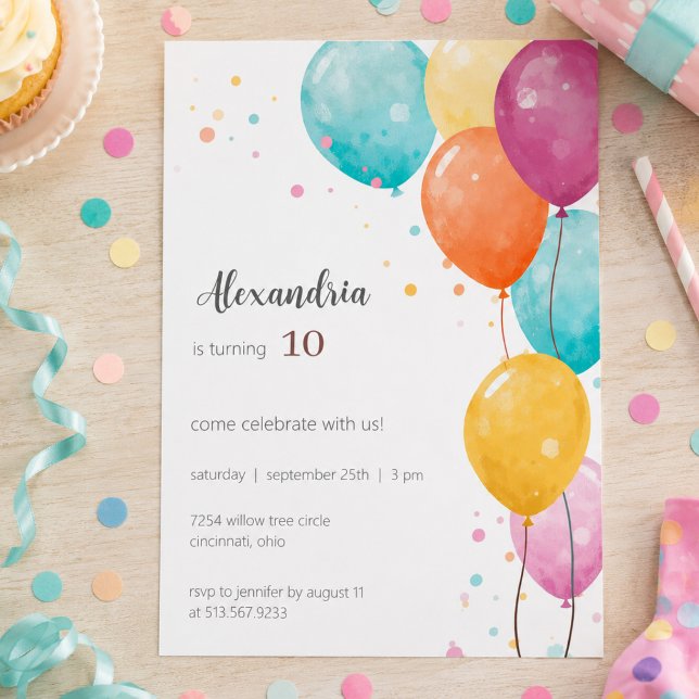 Invitation Fête d'anniversaire aux ballons colorés  (Créateur téléchargé)