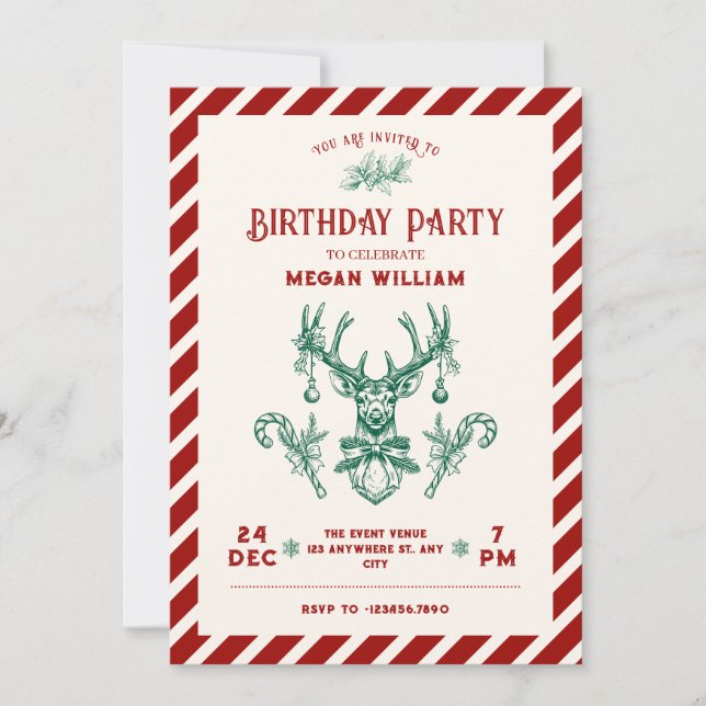 Invitation Fête d'anniversaire aux cerfs de Noël (Devant)
