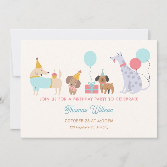 Invitation Fête d'anniversaire aux chiens colorés (Devant)