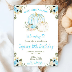 Invitation Fête d'anniversaire aux citrouilles bleues et blan