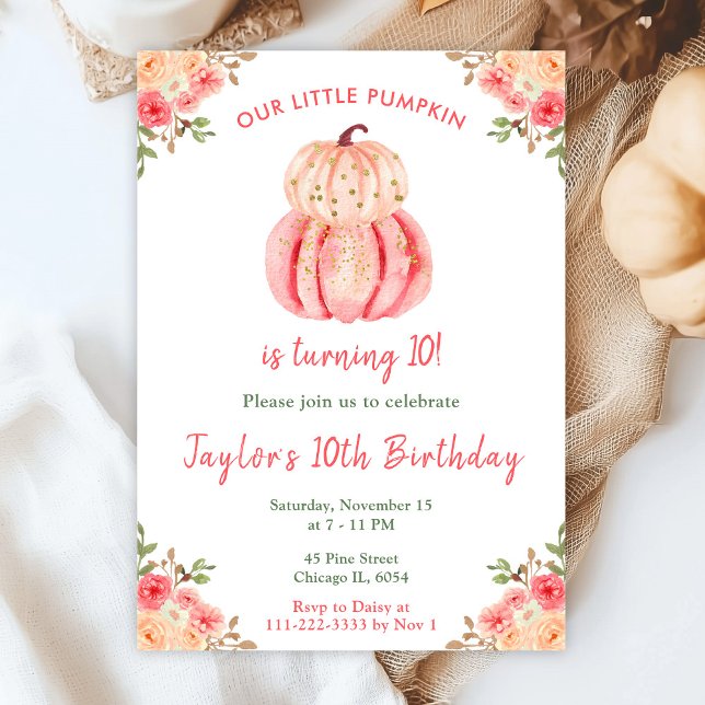 Invitation Fête d'anniversaire aux citrouilles roses et pêche (Créateur téléchargé)