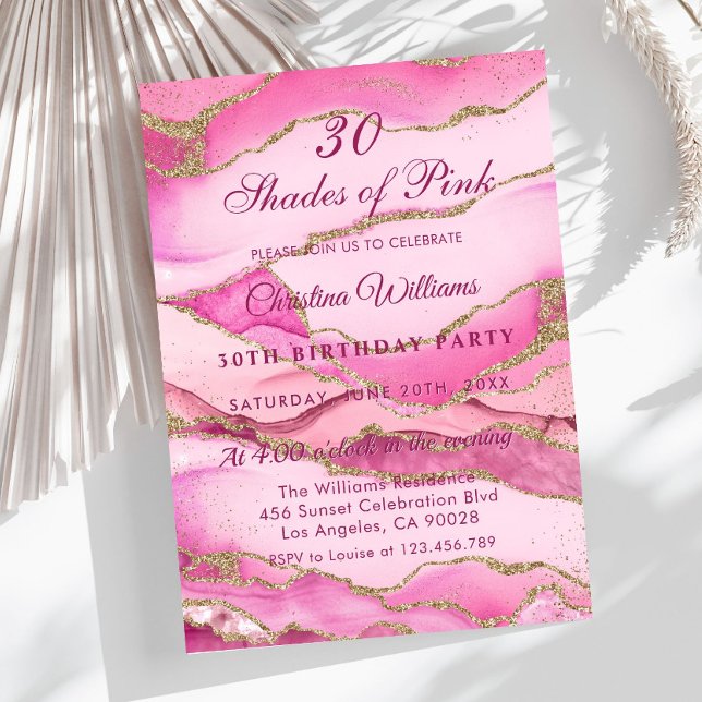 Invitation Fête d'anniversaire aux élégantes nuances de rose (Elegant Pink and Gold Marble, Shades of Pink Birthday Party Invitation)