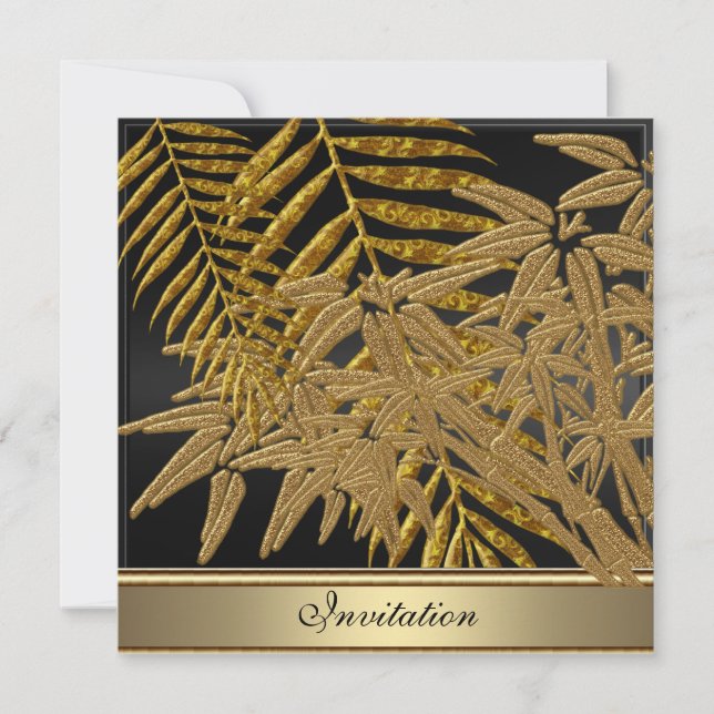 Invitation Fête d'anniversaire aux feuilles de bambou doré (Devant)