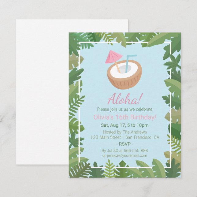 Invitation Fête d'anniversaire aux feuilles tropicales de noi (Devant / Derrière)