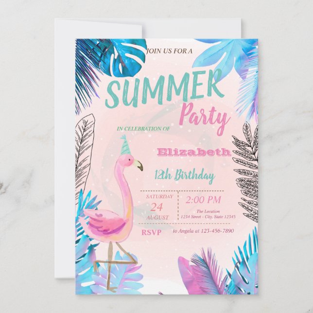 Invitation Fête d'anniversaire aux flamants roses mignons et  (Devant)