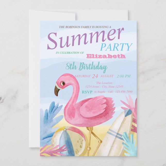 Invitation Fête d'anniversaire aux flamants roses sur la plag (Devant)