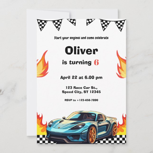 Invitation Fête d'anniversaire aux flammes de voiture de cour (Devant)
