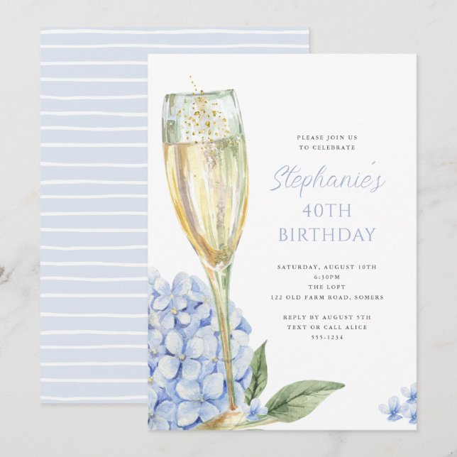 Invitation Fête d'anniversaire aux fleurs d'hortensia bleu (Devant / Derrière)